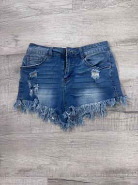 Distressed Blue Denim Jean Shorts with Frayed Hem